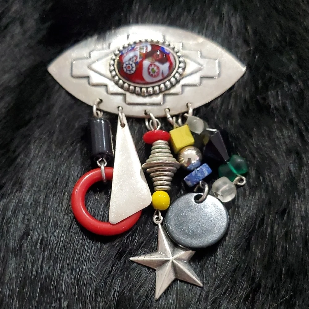 Ethel & Myrtle Tribal Silver Tone Concho Eye Brooch Dangle Beads Charms Abstract